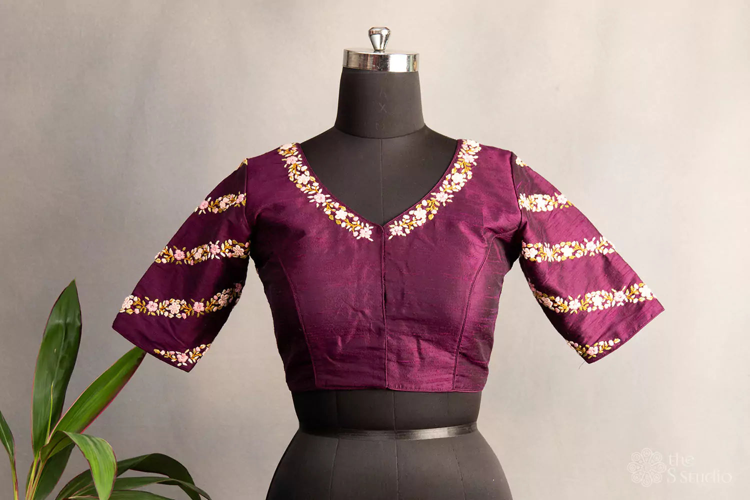 Purple hand  embroidered raw silk blouse with neck pattern