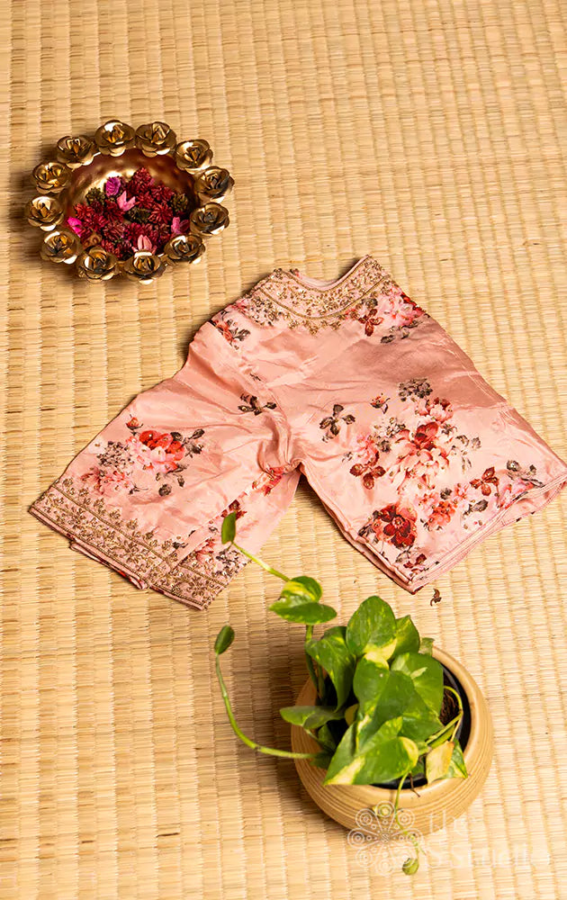 Pink floral printed semi silk readymade blouse with hand embroidery