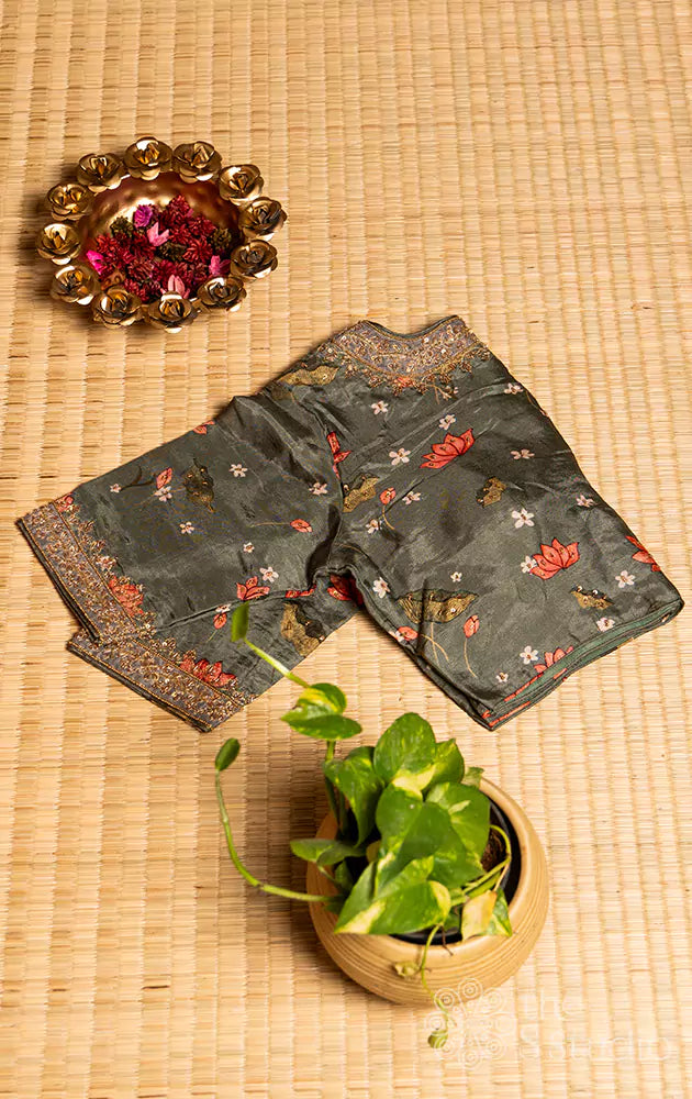 Green printed semi silk readymade blouse with hand embroidery