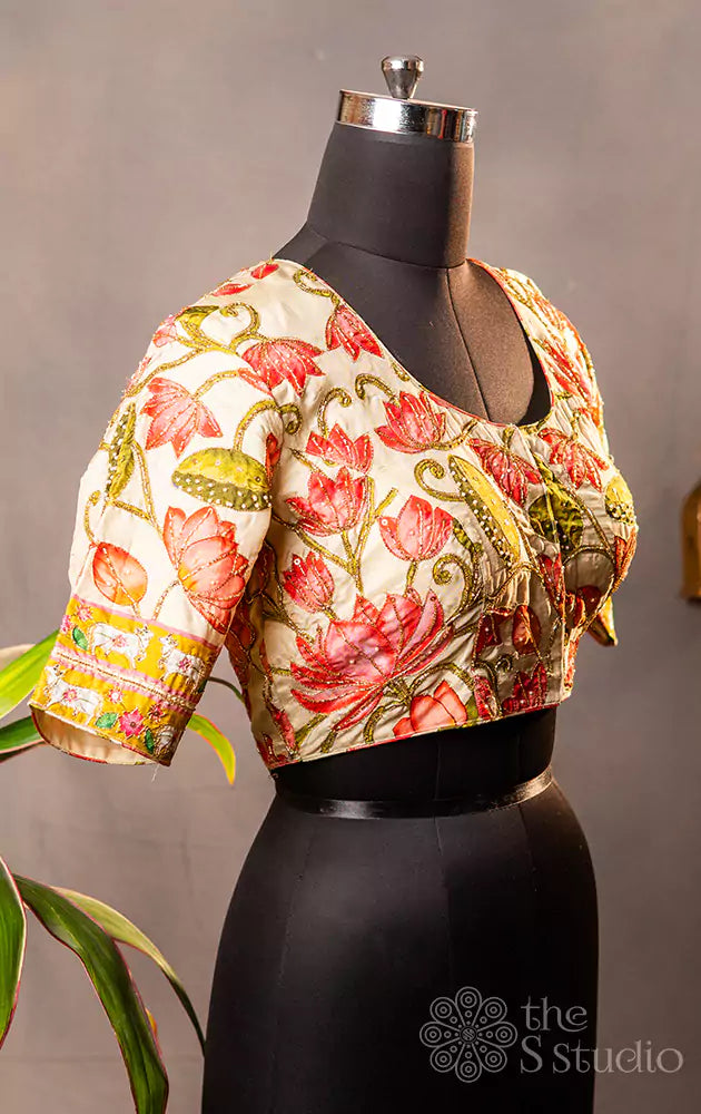Beige pichwai printed semi silk readymade blouse with hand embroidery