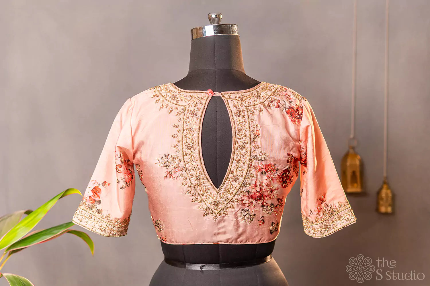 Pink printed semi silk readymade blouse with hand embroidery