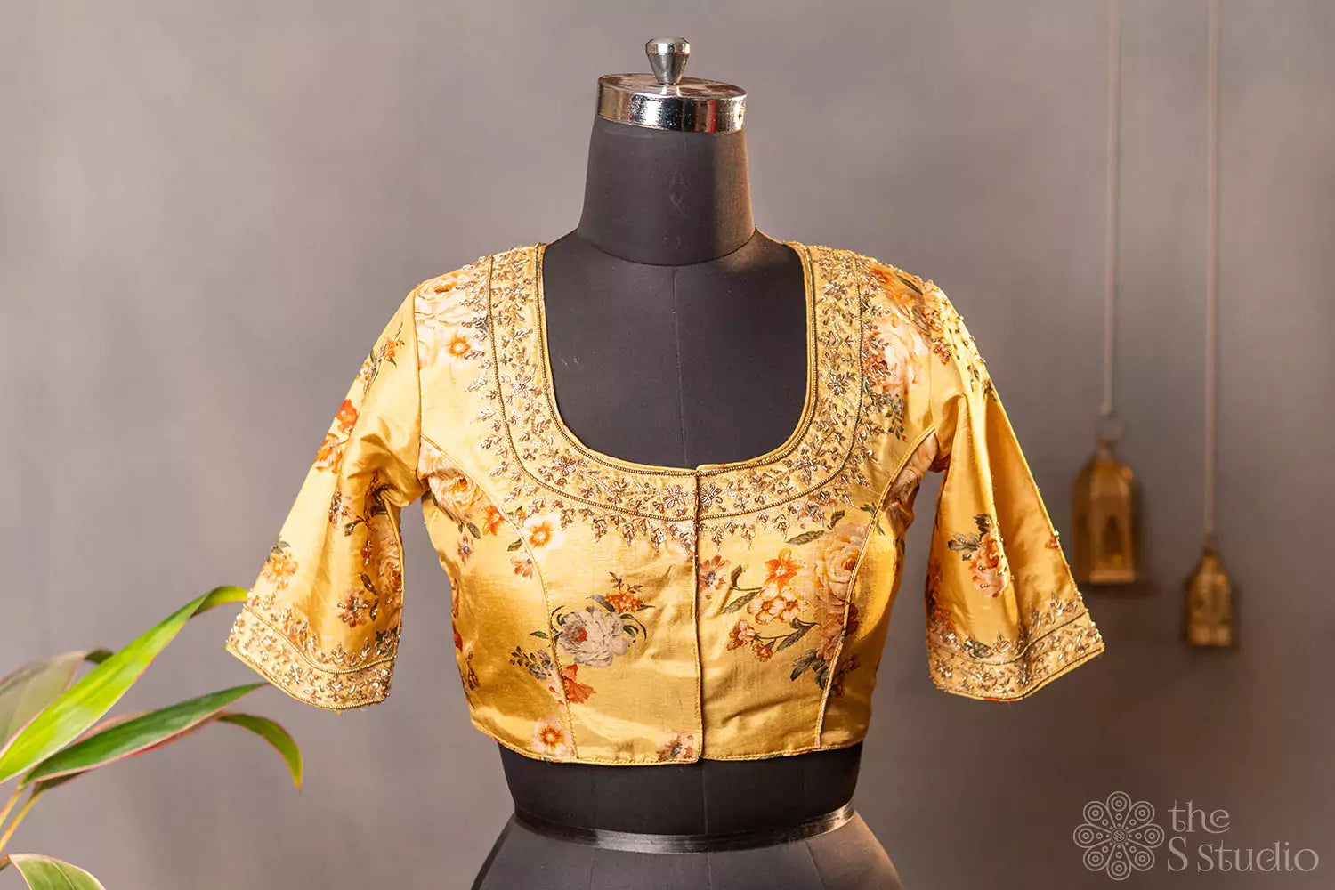 Yellow floral printed semi silk readymade blouse with hand embroidery