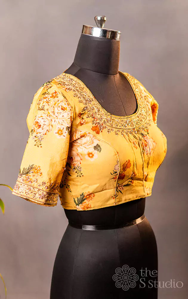 Yellow printed semi silk readymade blouse with hand embroidery