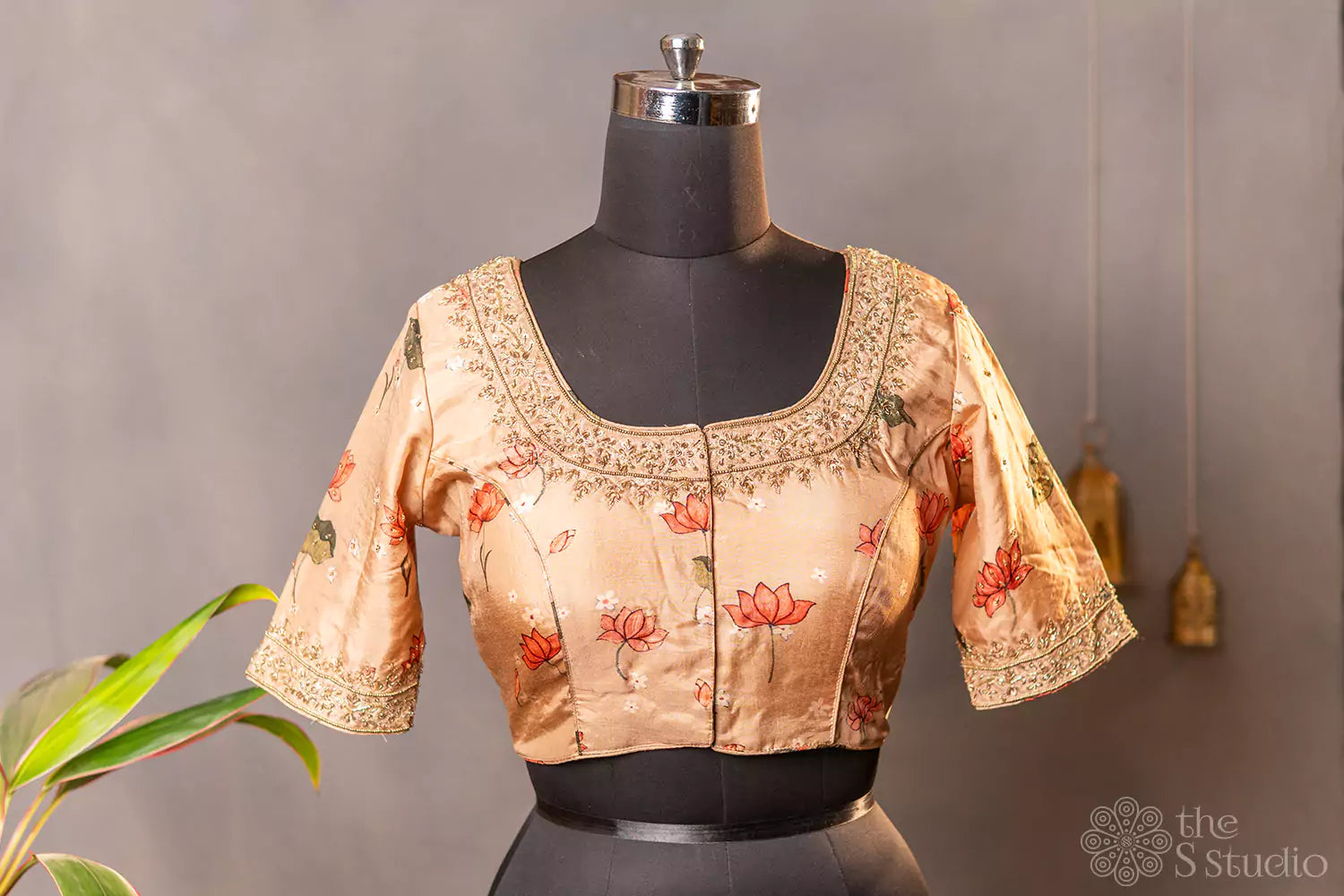 Beige printed semi silk readymade blouse with hand embroidery