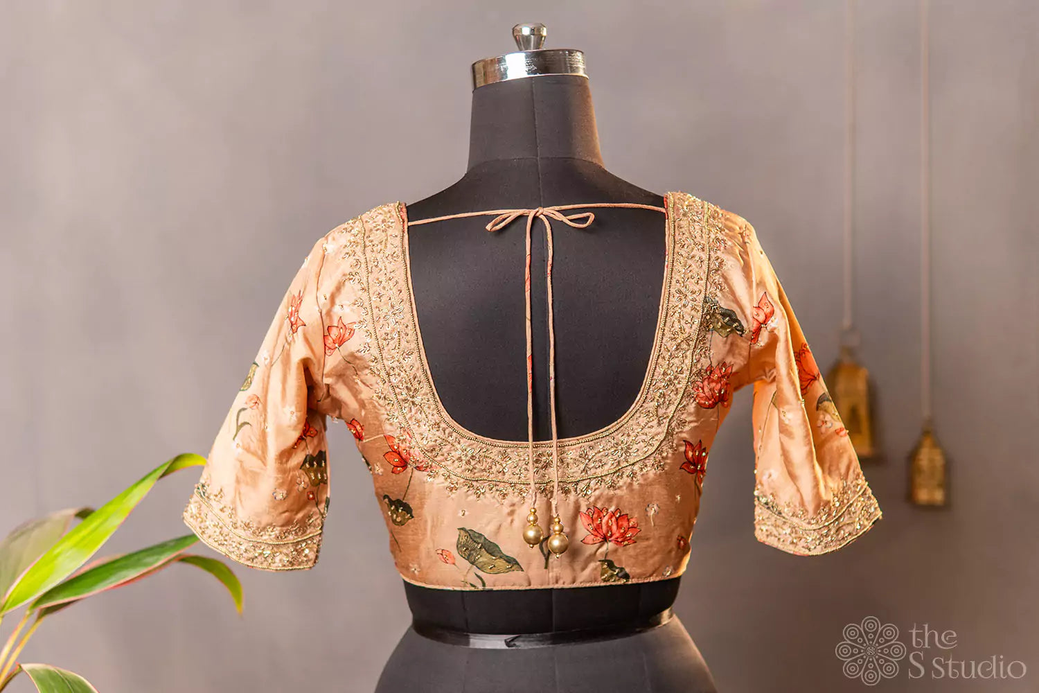 Beige printed semi silk readymade blouse with hand embroidery