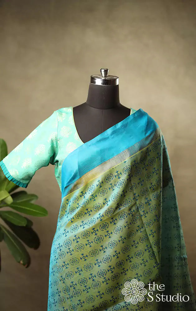Sea green chanderi silk blouse with tree motifs