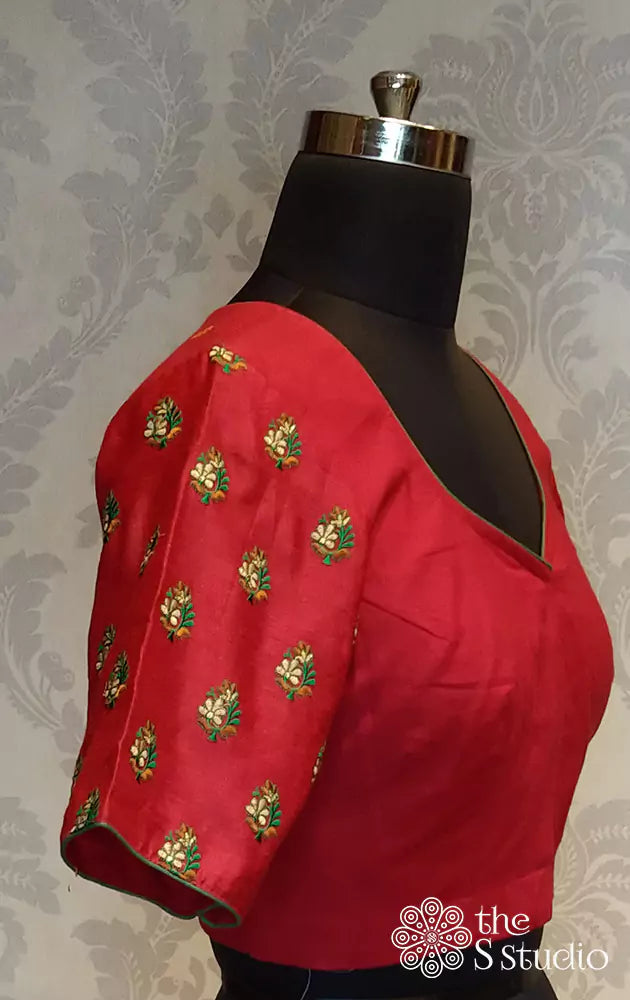 Red cotton blouse with all over embroidery