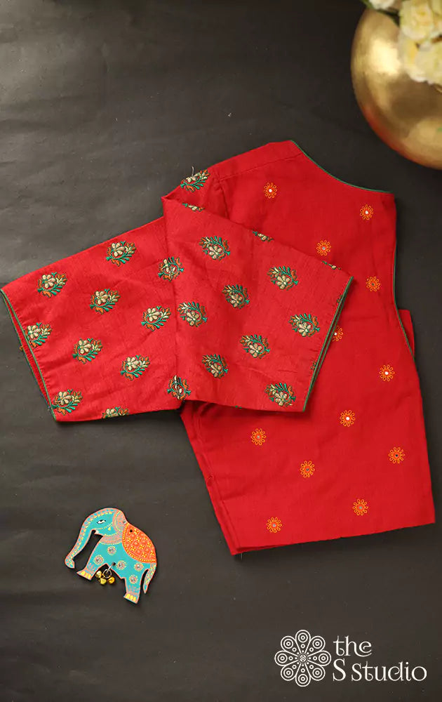Red cotton blouse with all over embroidery