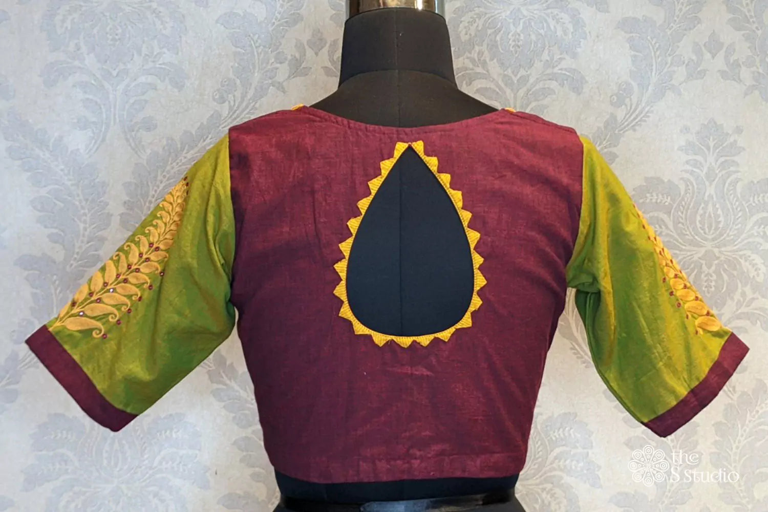 Maroon cotton with green embroidered sleeves