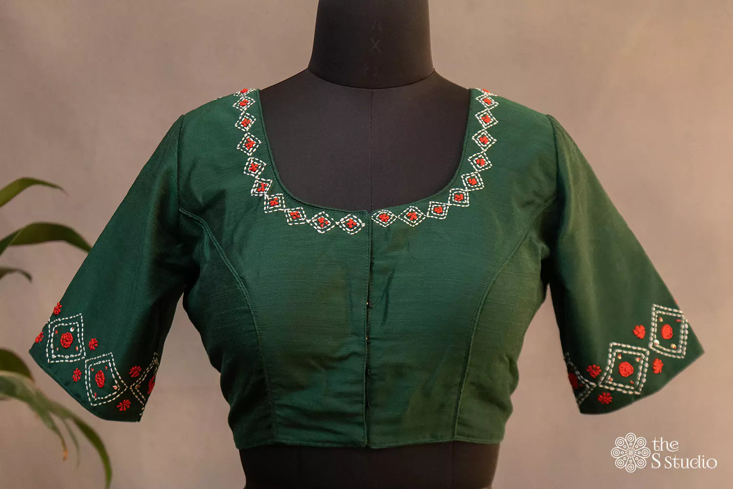 Green silk embroidered readymade blouse