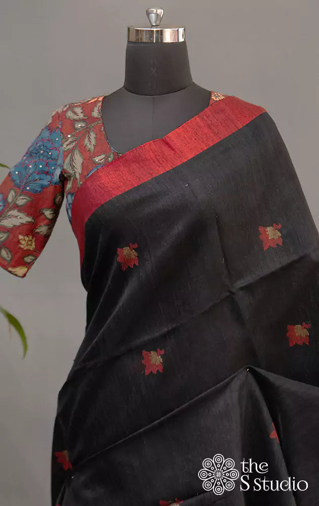 Maroon hand painted kalamkari silk blouse with embroidery