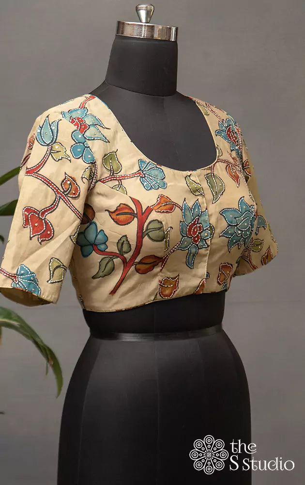 Off white and blue hand painted kalamkari silk blouse with embroidery