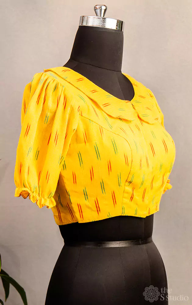 Yellow collared neck cotton printed blouse