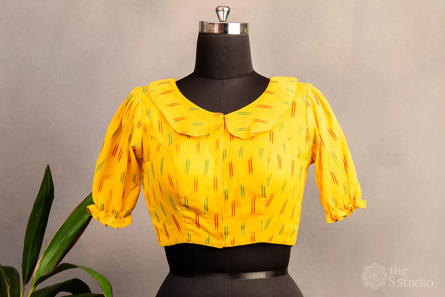 Yellow collared neck cotton printed blouse