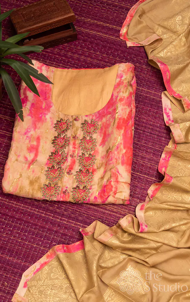 Pink shibori printed salwar set with neck embroidery