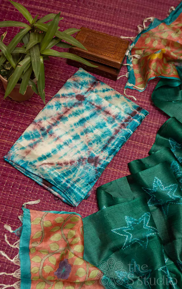 Light blue tussar salwar set with batik printed dupatta