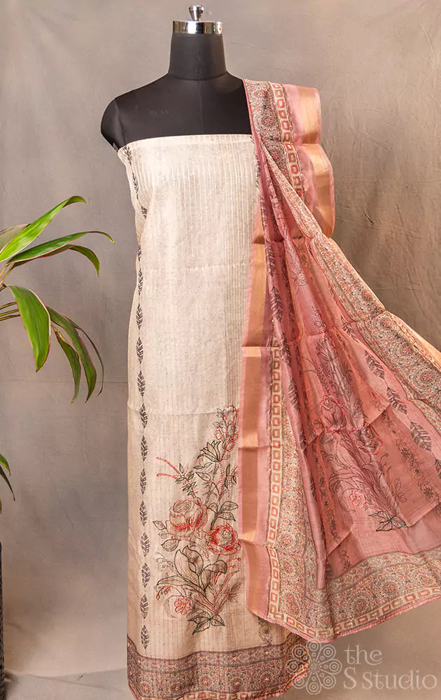 Offwhite embroidered semi tussar salwar set with printed dupatta