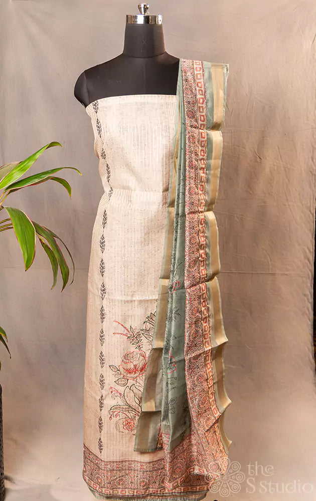 Offwhite embroidered semi tussar salwar set