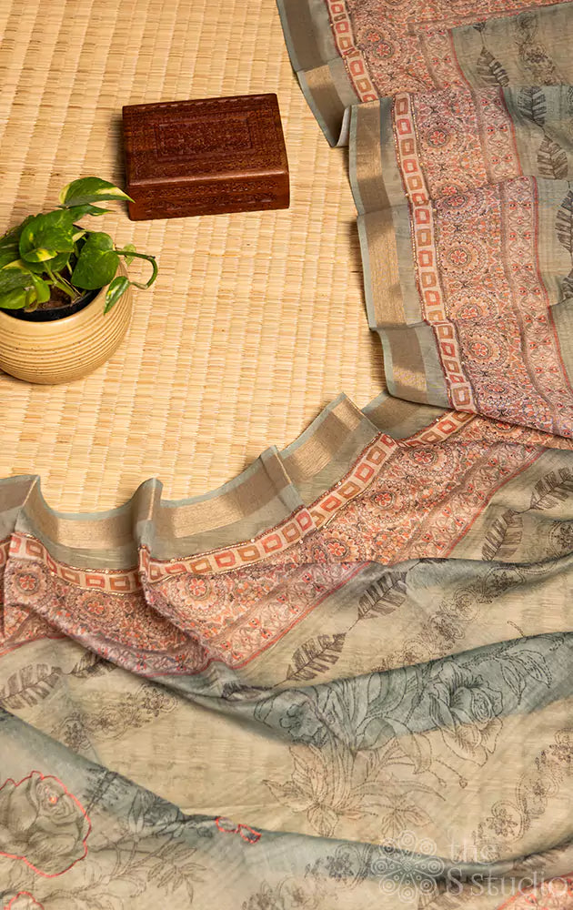 Offwhite embroidered semi tussar salwar set