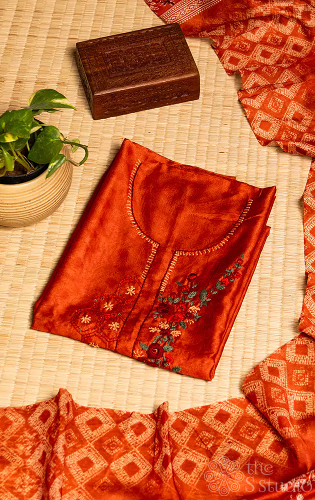 Orange hand embroidered semi tussar salwar set with matching dupatta