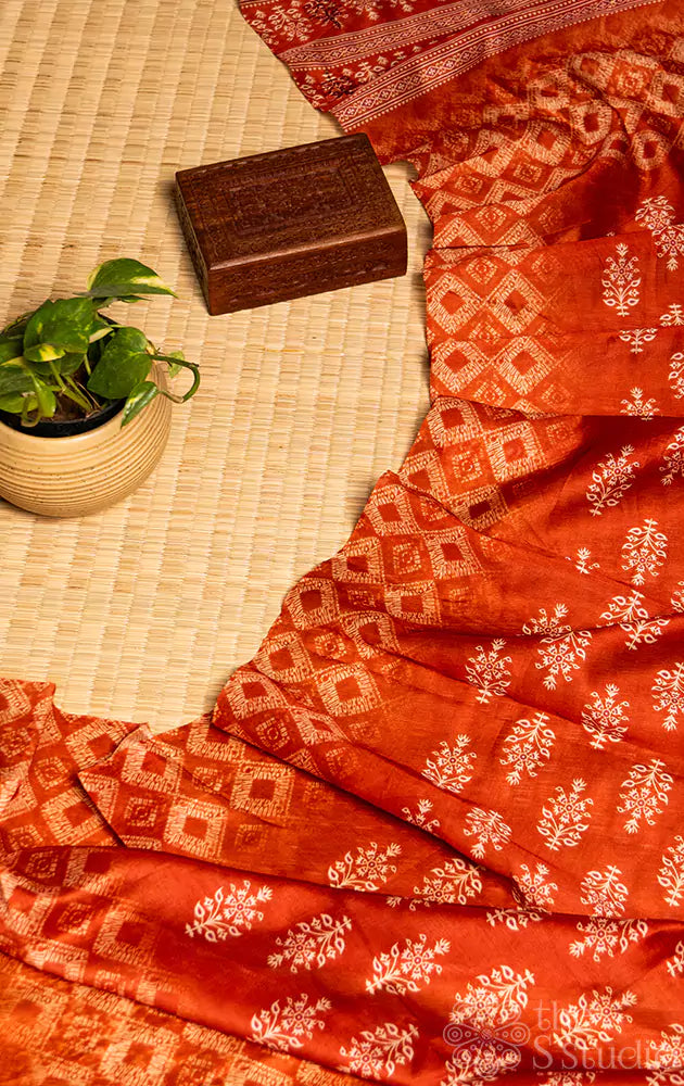 Orange hand embroidered semi tussar salwar set with matching dupatta