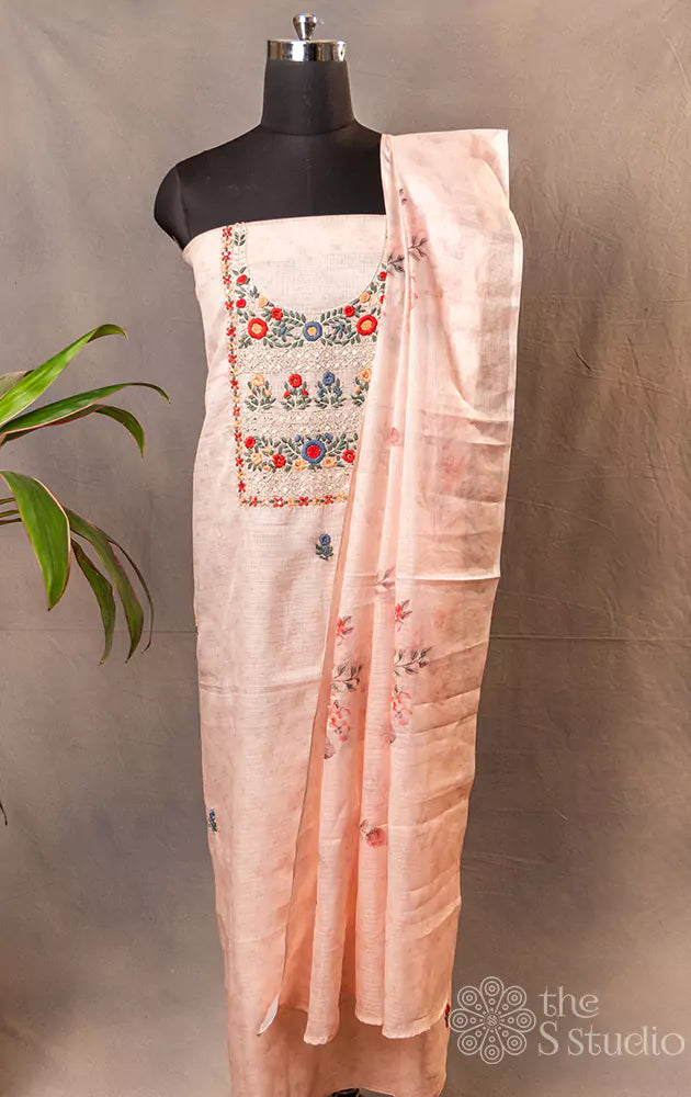 Peach embroidered kota cotton salwar set with matching dupatta