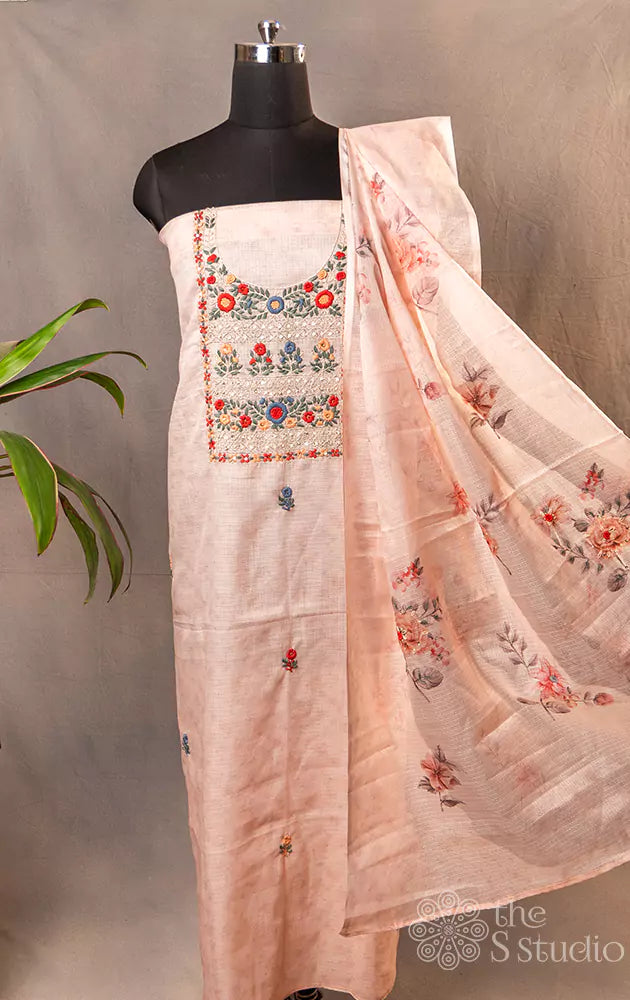 Peach embroidered kota cotton salwar set with matching dupatta