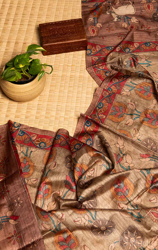Methi green semi tussar embroidered salwar set  with printed dupatta