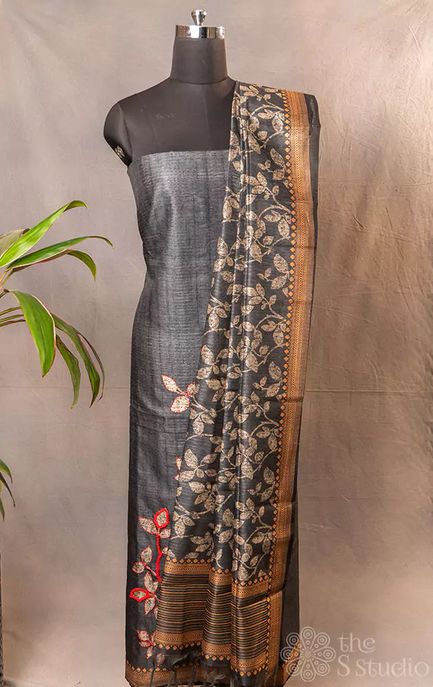 Grey semi tussar hand embroidered salwar set with matching dupatta