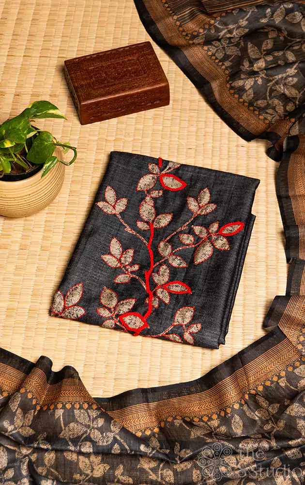 Grey semi tussar hand embroidered salwar set with matching dupatta