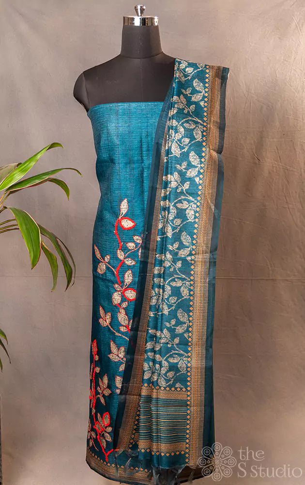 Blue semi tussar hand embroidered salwar set with printed dupatta