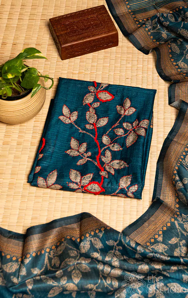 Blue semi tussar hand embroidered salwar set with printed dupatta