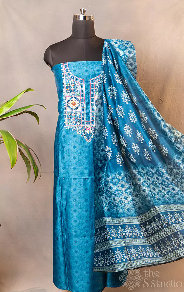 Blue semi tussar salwar set with matching dupatta