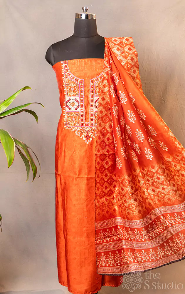 Orange semi tussar salwar set with matching dupatta