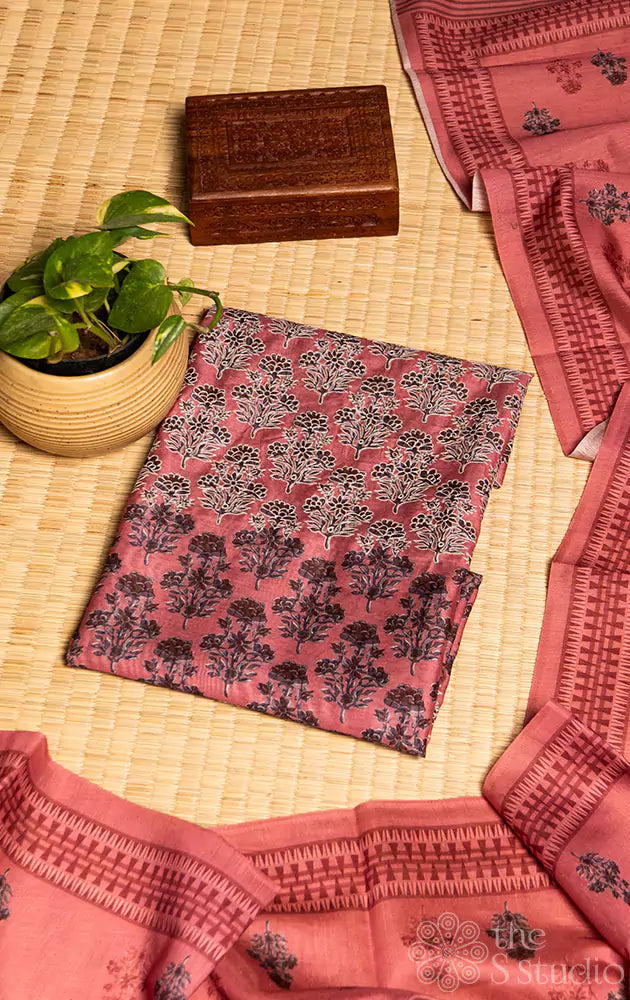 Pink floral embroidered semi tussar salwar set