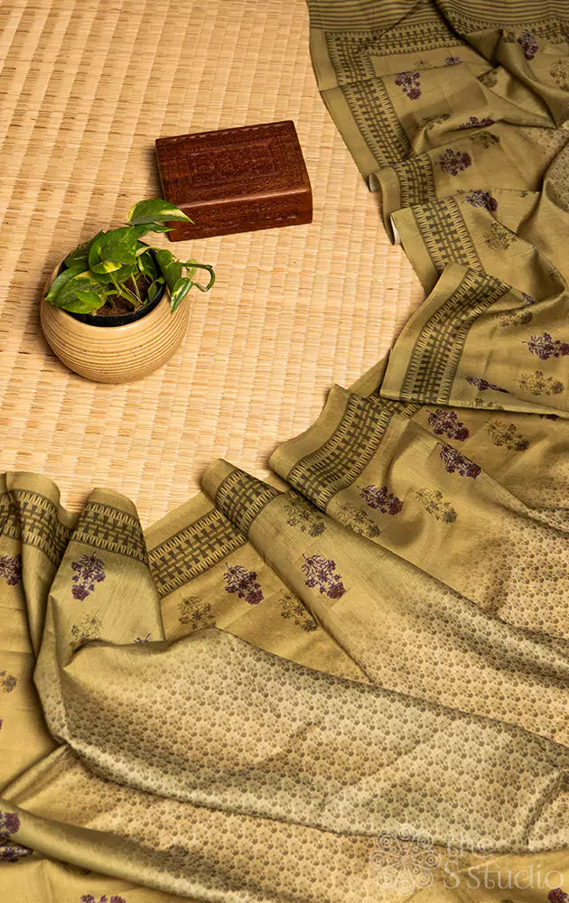Green floral embroidered semi tussar salwar set