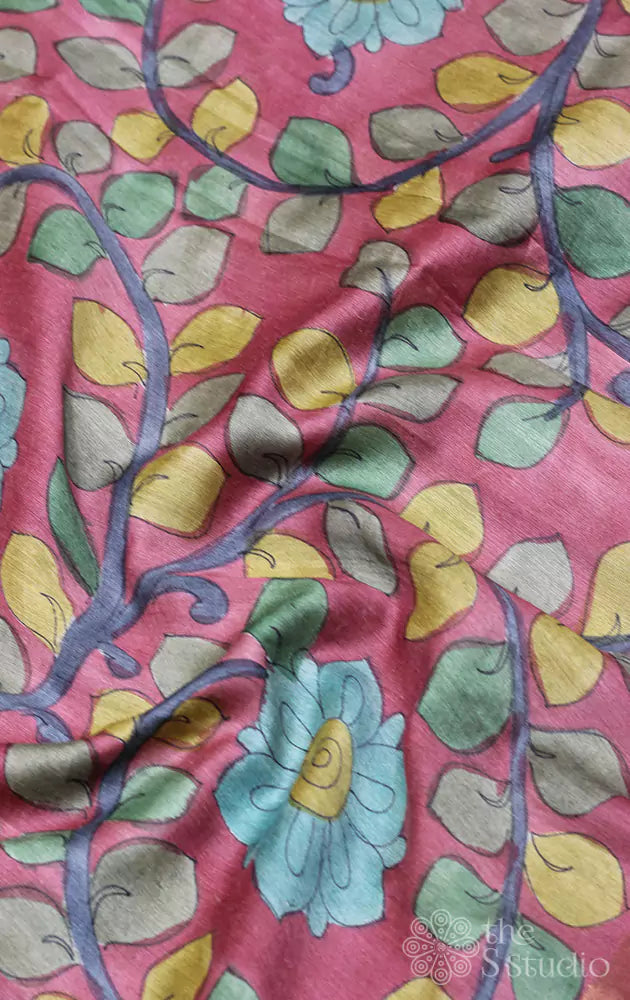 Salmon pink hand painted kalamkari moonga tussar fabric