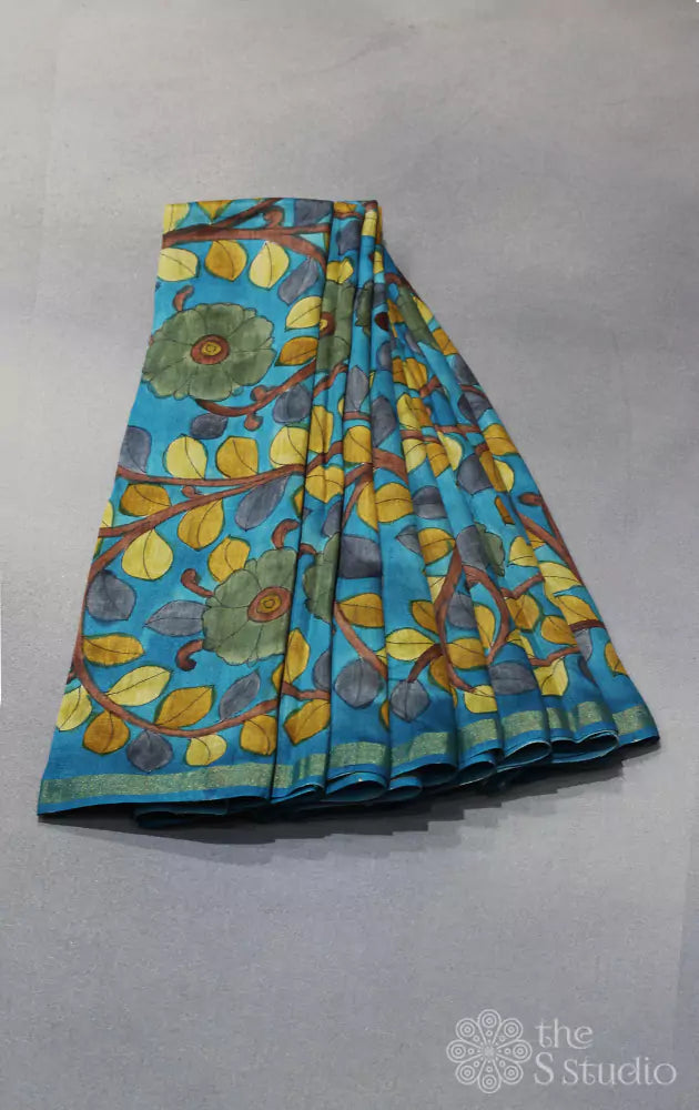 Light blue hand painted kalamkari moonga tussar fabric