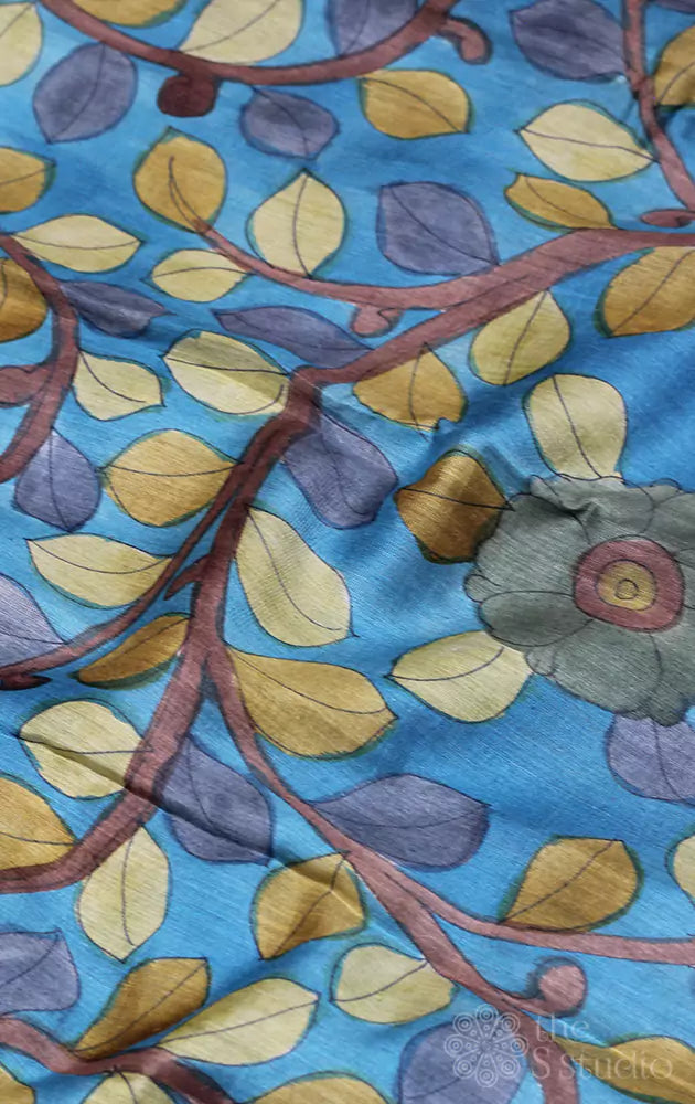 Light blue hand painted kalamkari moonga tussar fabric