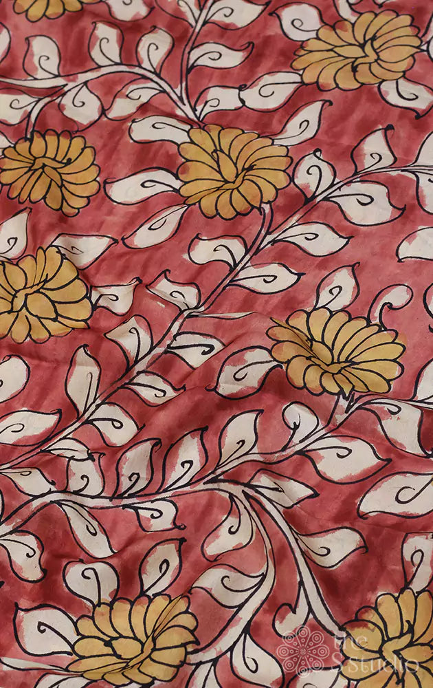 Red hand painted pen kalamkari  light weight silk fabric