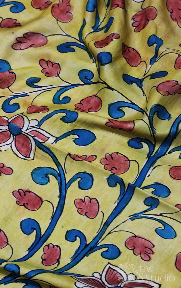 Yellow hand painted pen kalamkari  light weight silk fabric