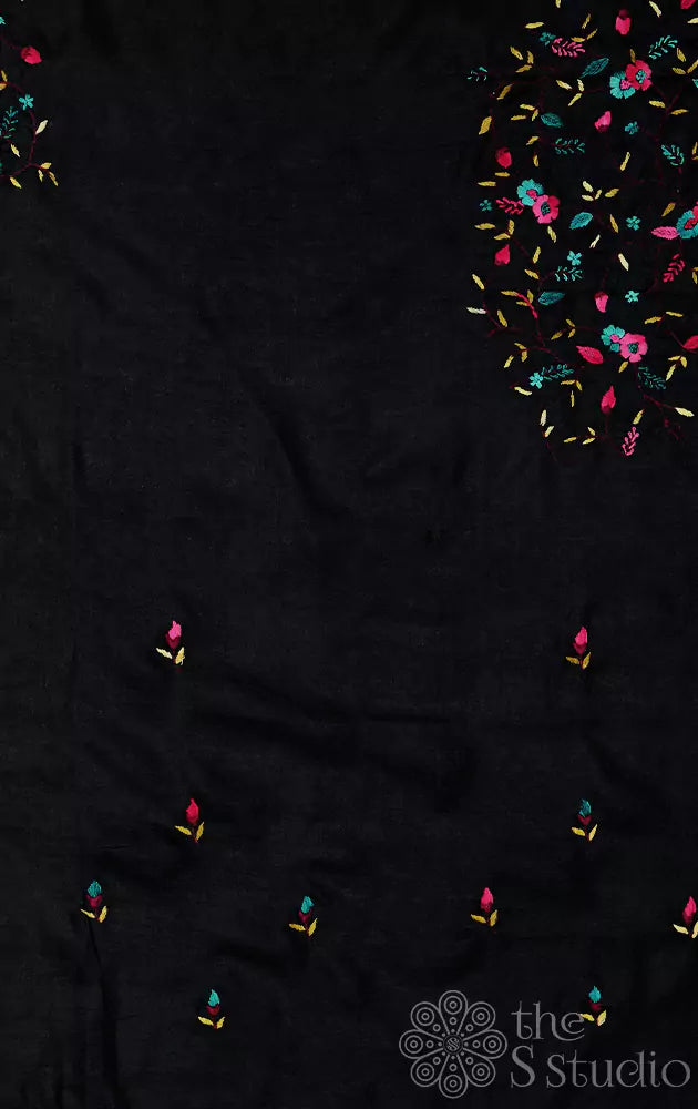 Black colored tussar material with floral kutch hand embroidery