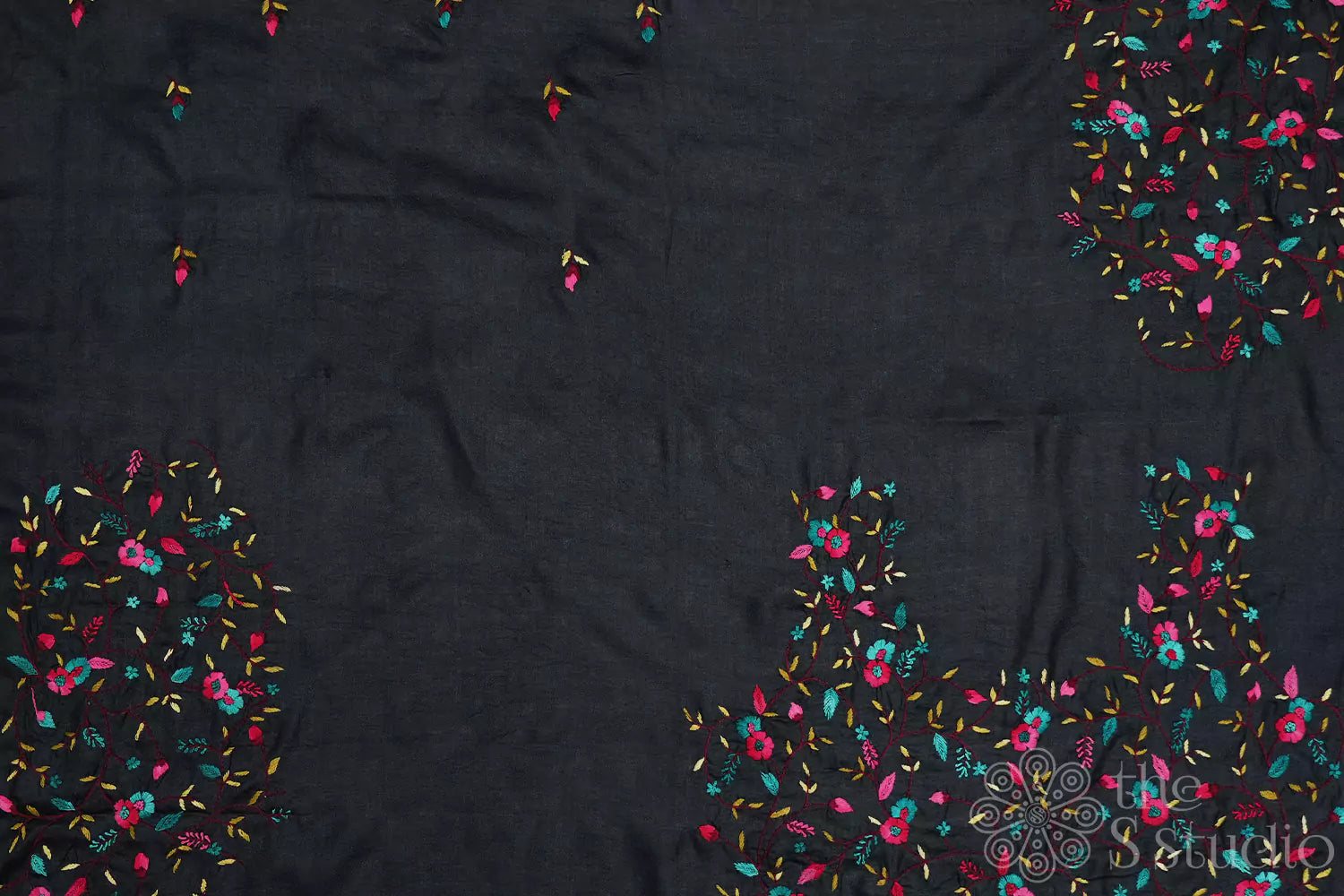 Black colored tussar material with floral kutch hand embroidery