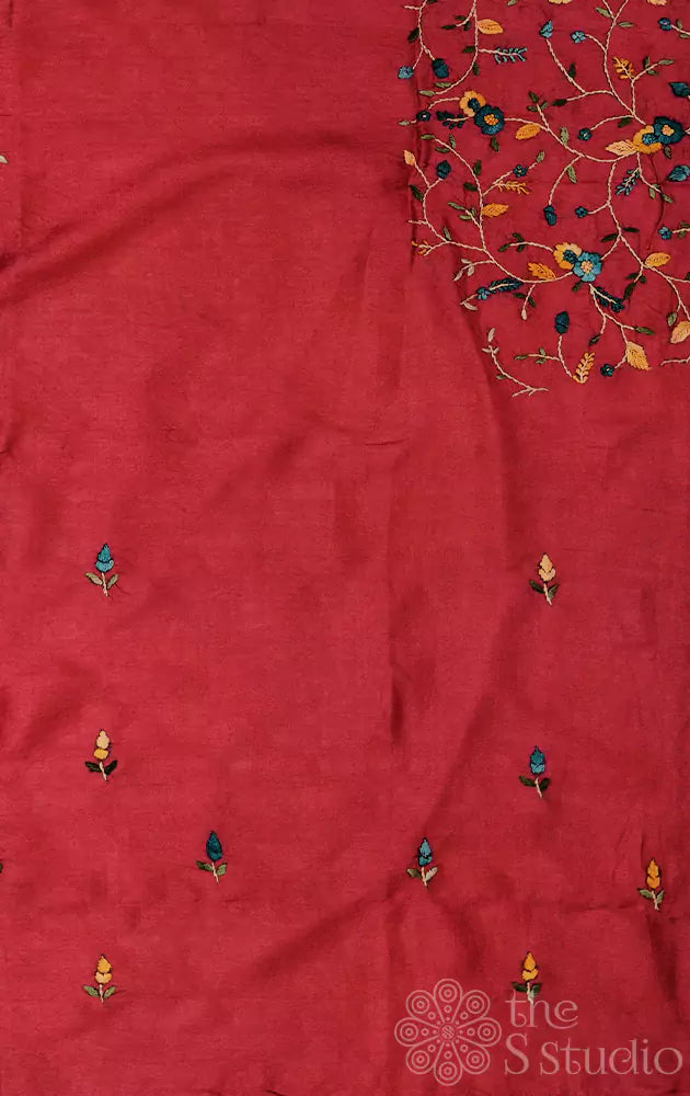 Maroon tussar fabric with floral kutch hand embroidery