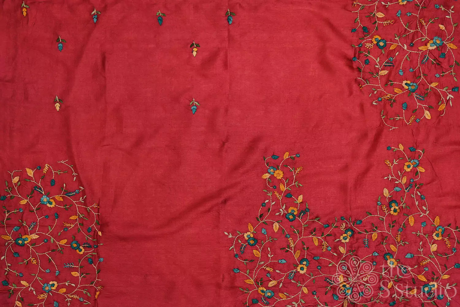 Maroon tussar fabric with floral kutch hand embroidery