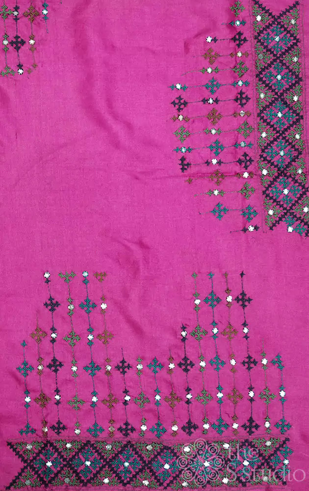 Pink tussar fabric with mirror work kutch hand embroidery