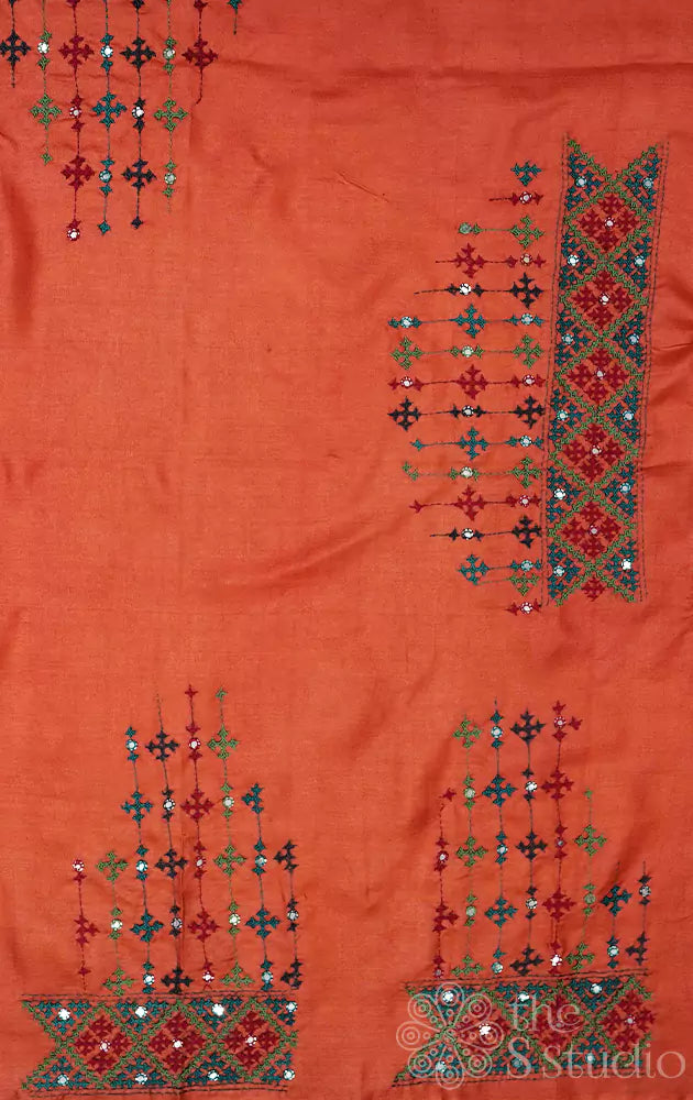 Orange tussar blouse material with mirror work kutch hand embroidery