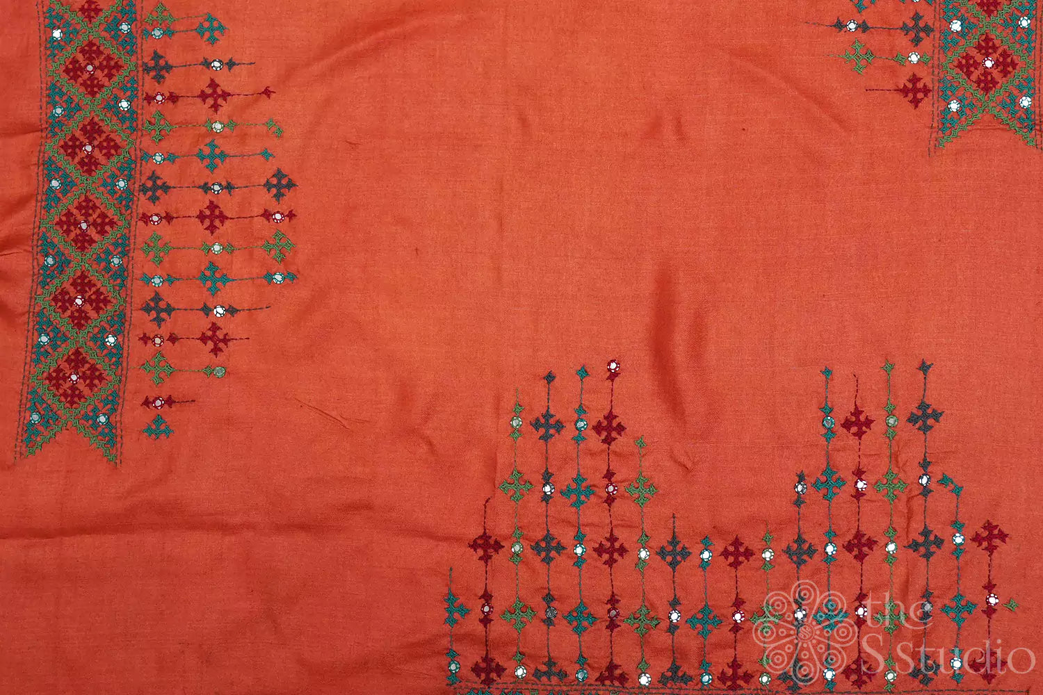 Orange tussar blouse material with mirror work kutch hand embroidery