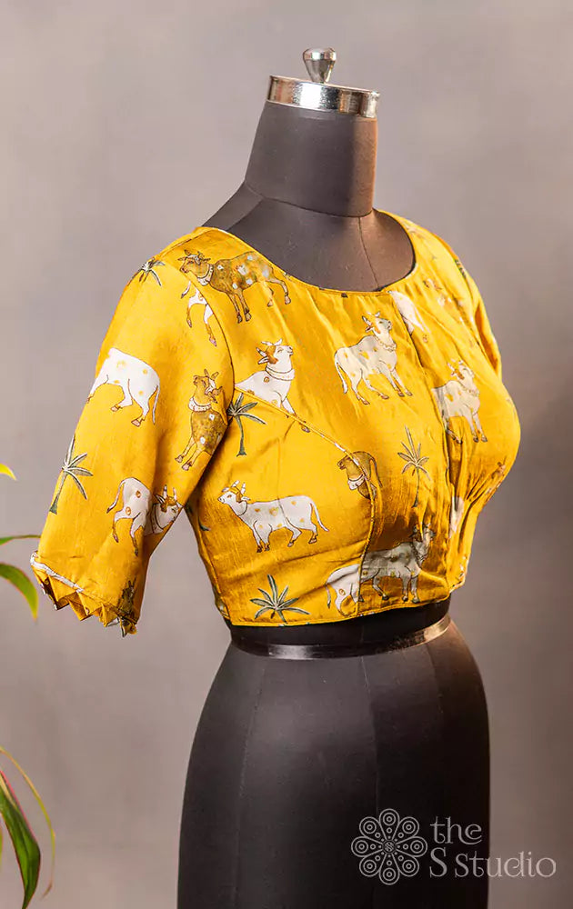 Yellow pichwai printed semi tussar readymade blouse 