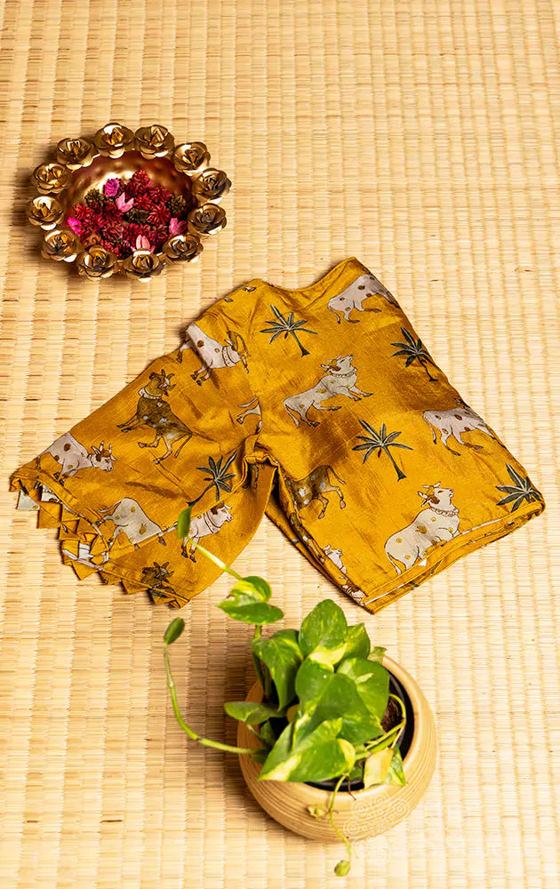 Yellow pichwai printed semi tussar readymade blouse